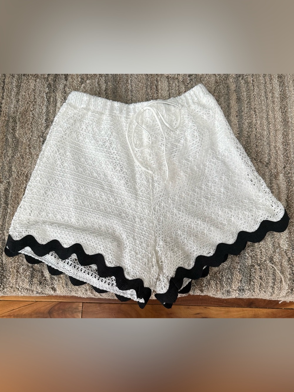 One and Only Collective White Crochet Shorts with Black Trim